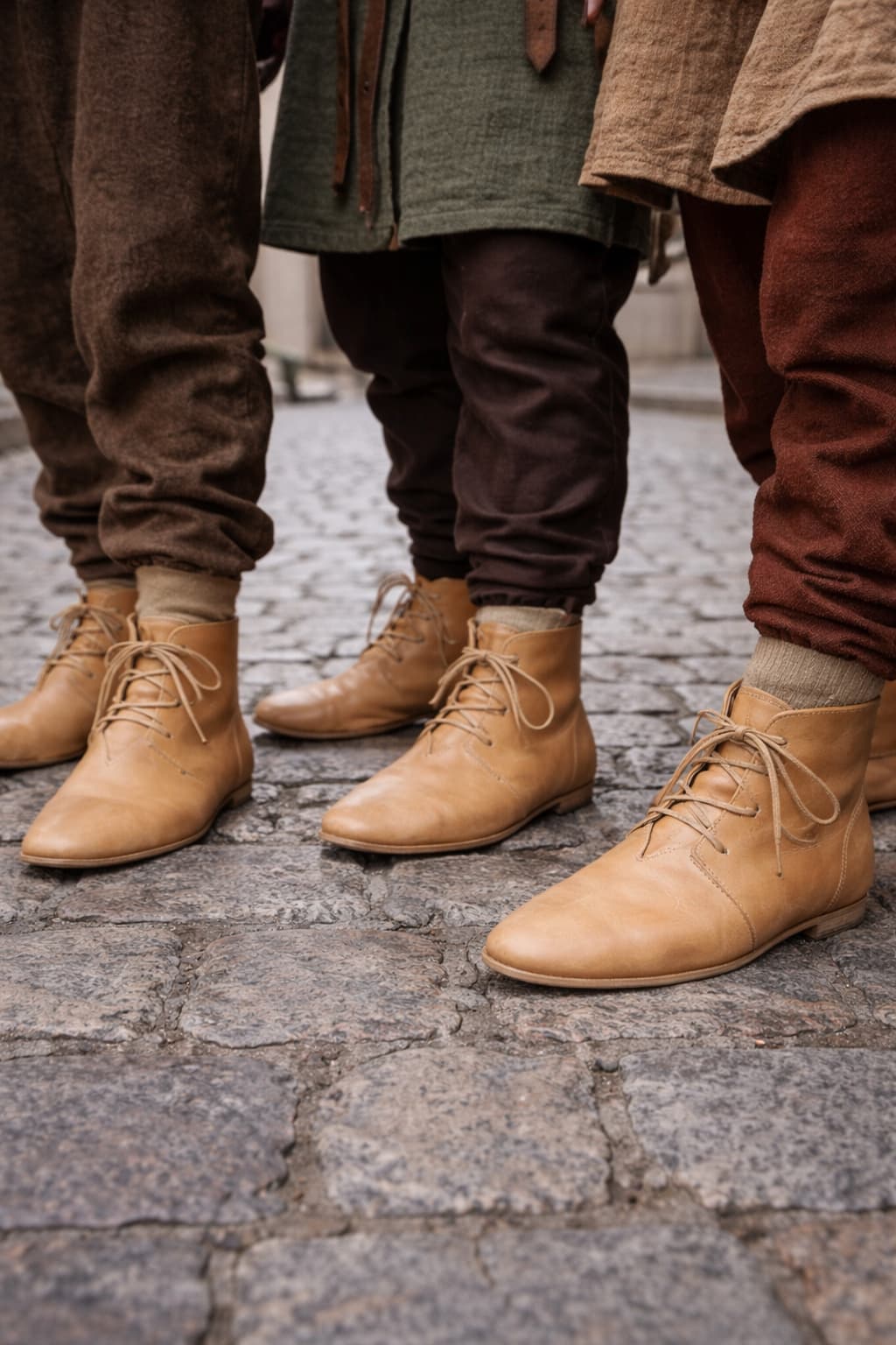 Handmade medieval leather toggle boots on wooden floor