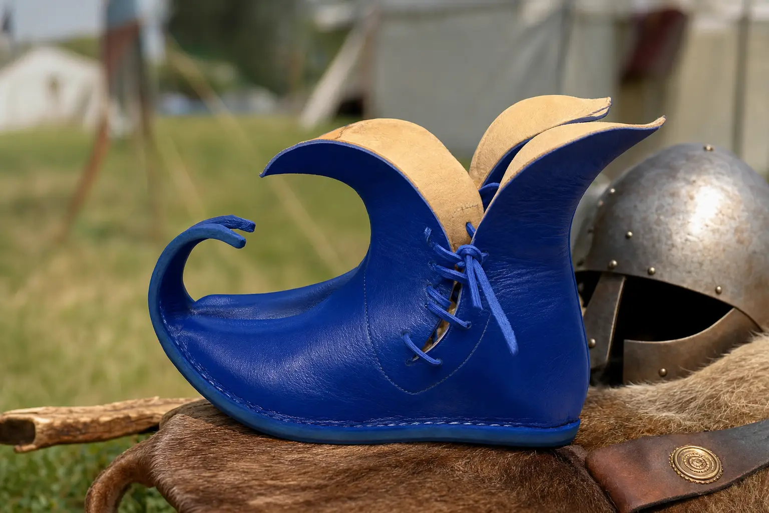 Medieval Poulaines Shoes Blue | Curved Toe Renaissance Elf Shoes | Handmade Fantasy LARP Leather Footwear | Historical Costume Pointed Shoes