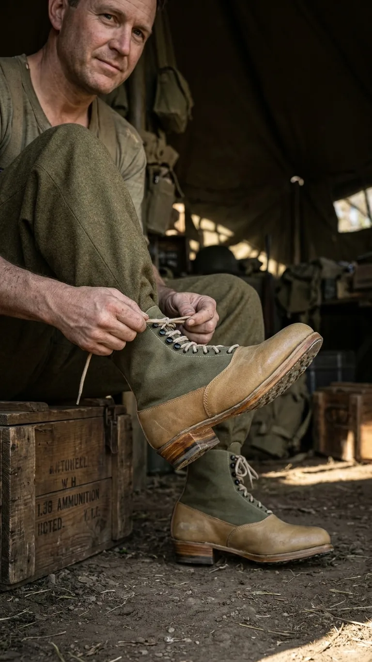 Vintage Tropical Combat Boots – Handmade Canvas & Leather Hobnailed Desert Military Ankle Boots