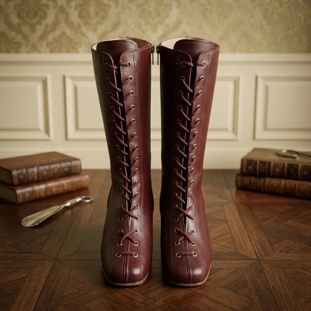 Dark Brown Victorian Leather Lace-Up Boots – Mid-Calf Kitten Heel Party Shoes
