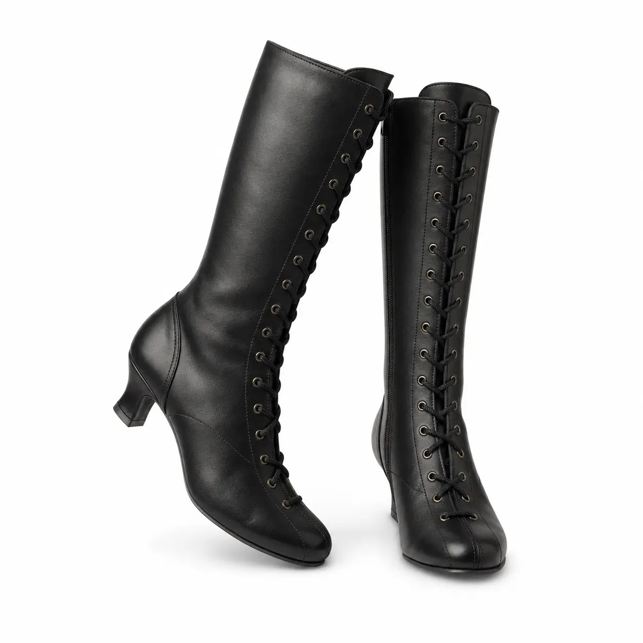 Dark Brown Victorian Leather Lace-Up Boots – Mid-Calf Kitten Heel Party Shoes