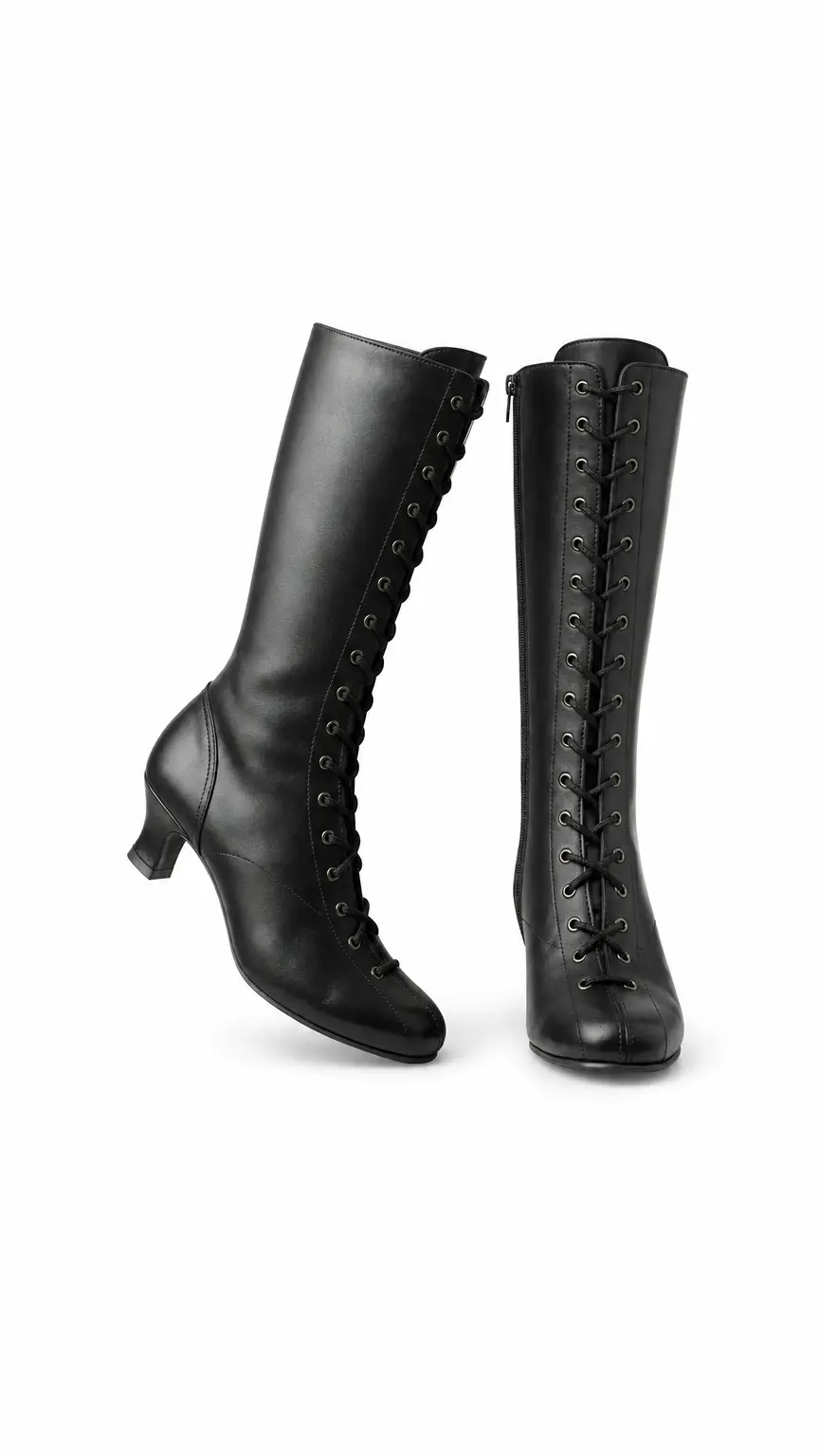 Dark Brown Victorian Leather Lace-Up Boots – Mid-Calf Kitten Heel Party Shoes