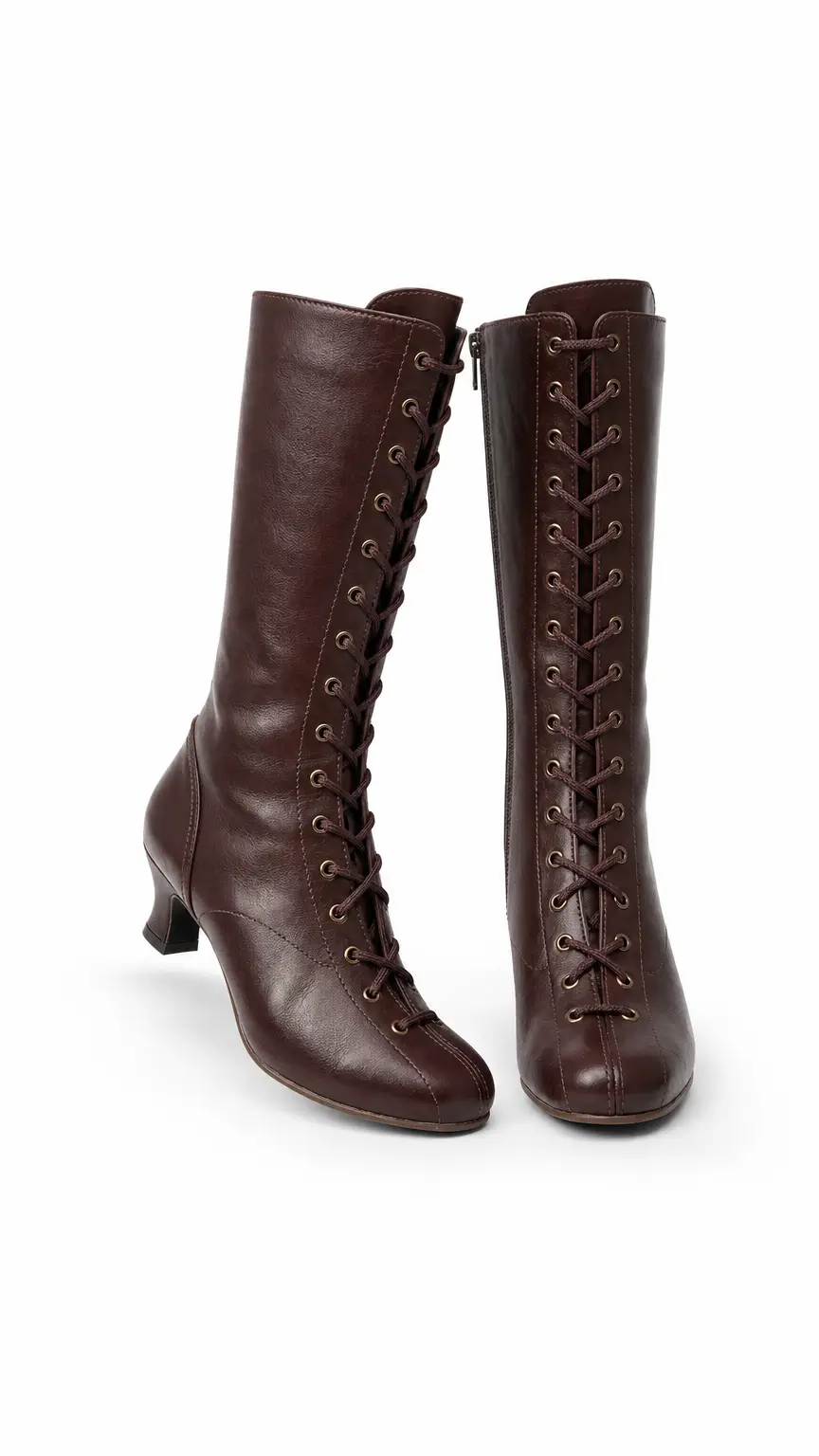 Dark Brown Victorian Leather Lace-Up Boots – Mid-Calf Kitten Heel Party Shoes