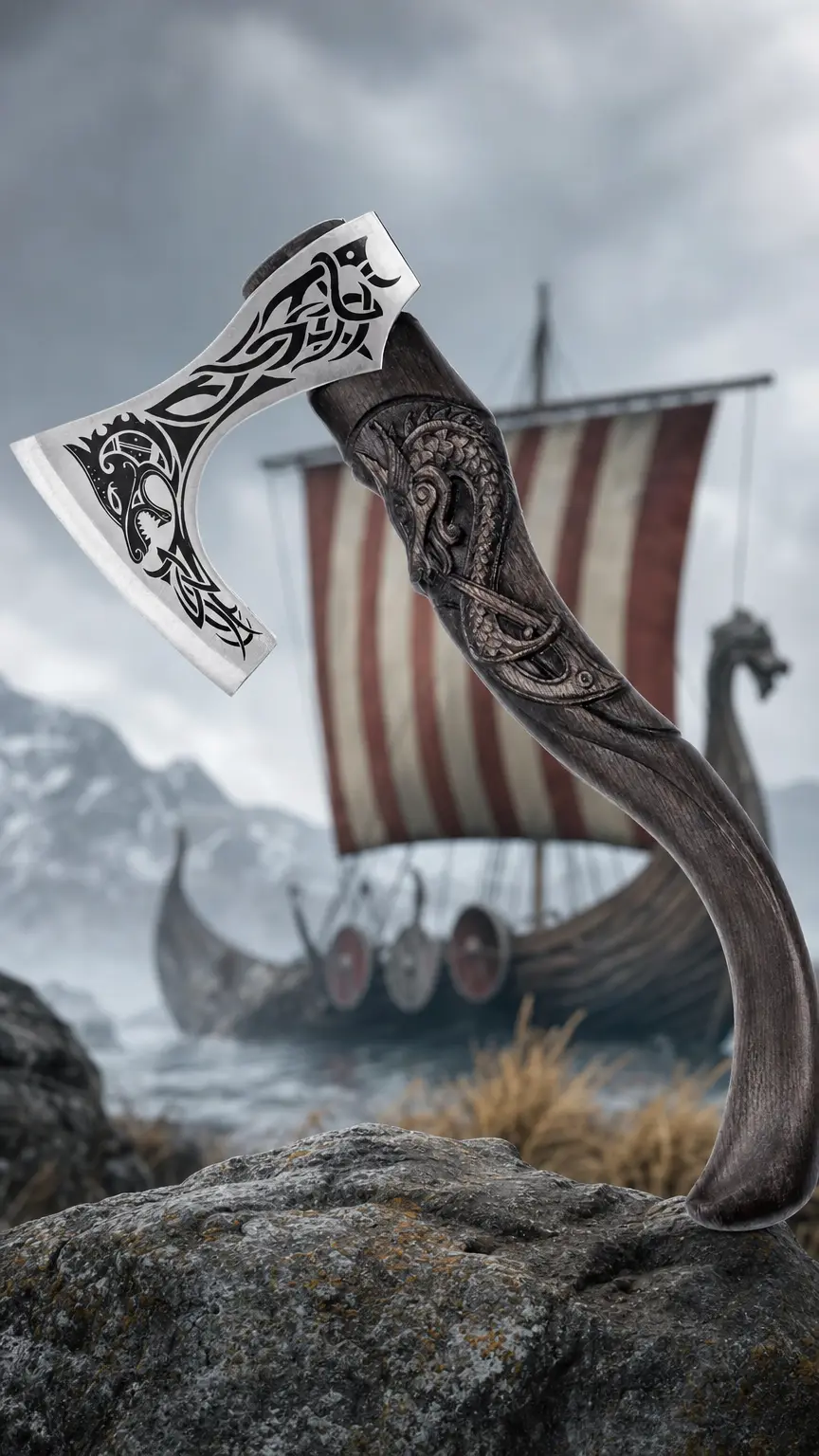 Fenrisulfr Hand-Forged Hardened Bearded Viking Axe with Carved Ash Handle