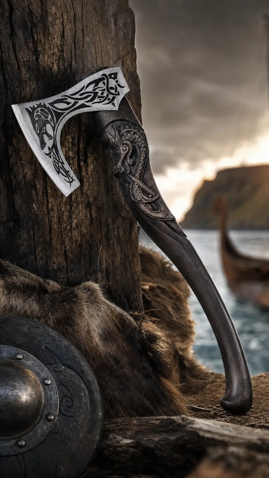 Fenrisulfr Hand-Forged Hardened Bearded Viking Axe with Carved Ash Handle