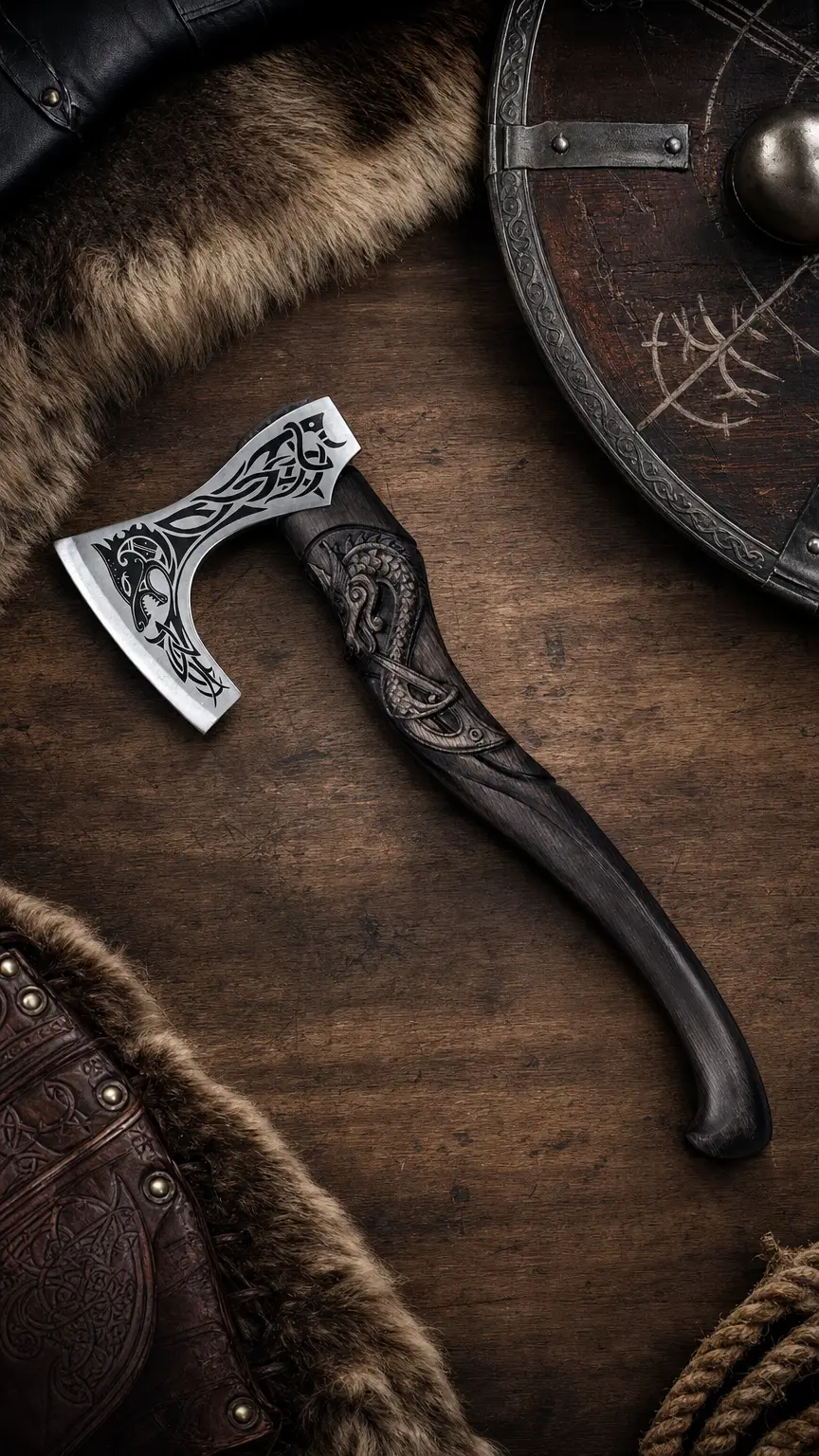 Fenrisulfr Hand-Forged Hardened Bearded Viking Axe with Carved Ash Handle