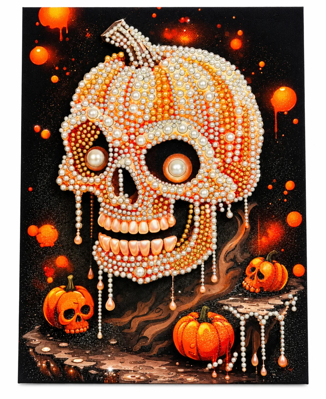 Pearl Pumpkin Skull – Handmade 5D Diamond & Gem Art