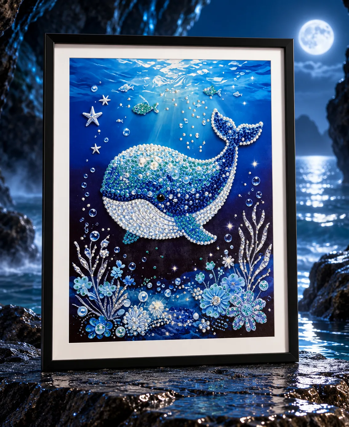 Ocean Dream Whale artwork displayed as framed blue whale wall decor