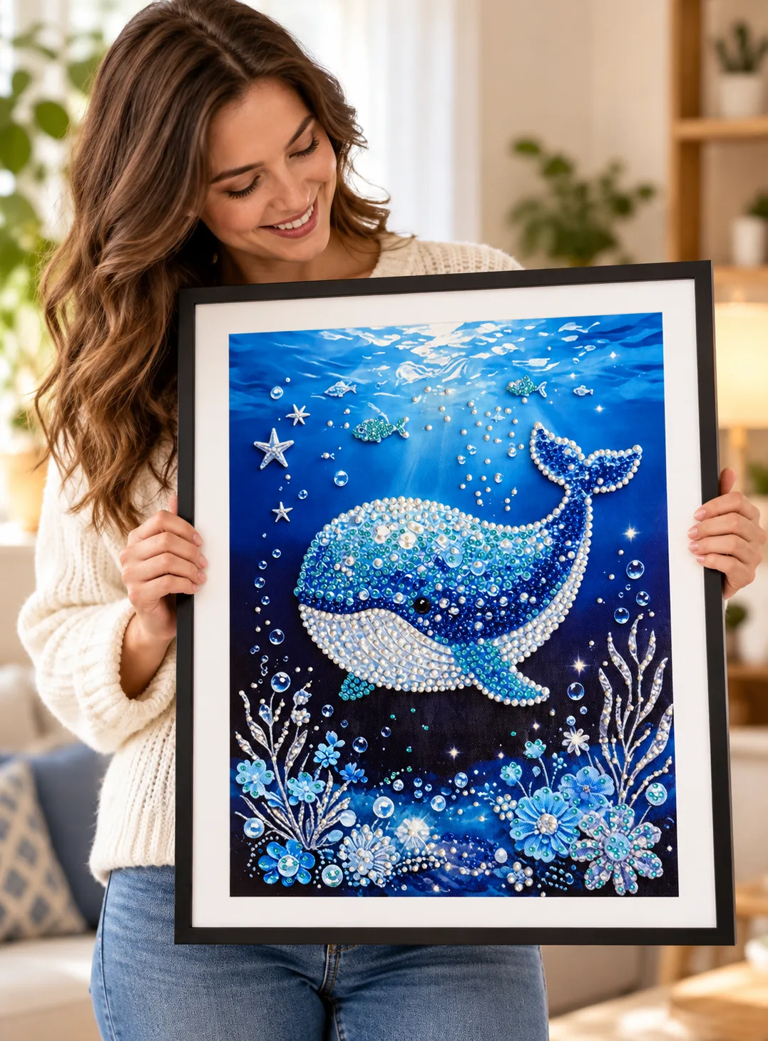 Close-up of Ocean Dream Whale artwork with sparkling blue gems and bubbles