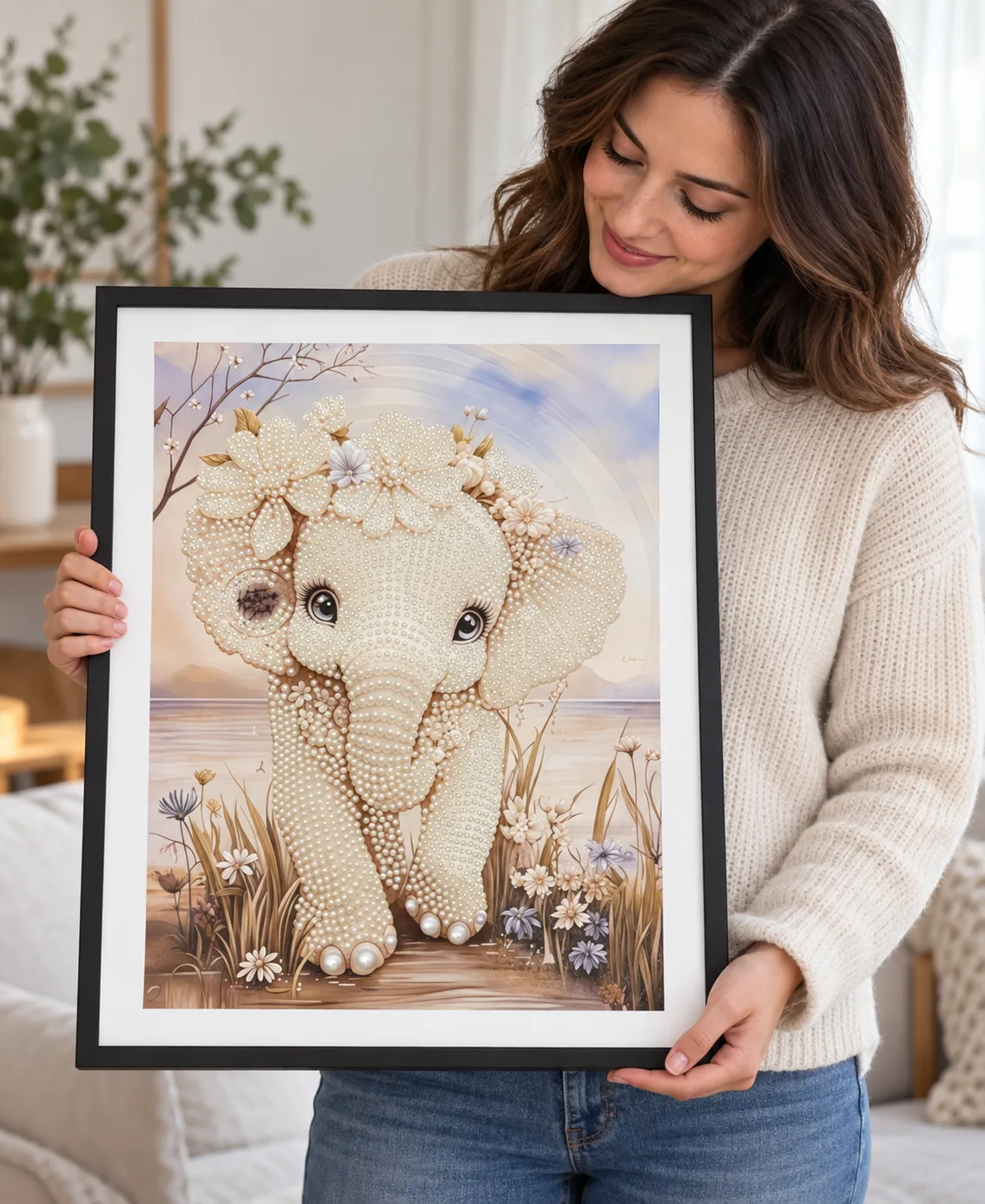 Woman holding the framed Pearl Blossom Elephant handmade artwork