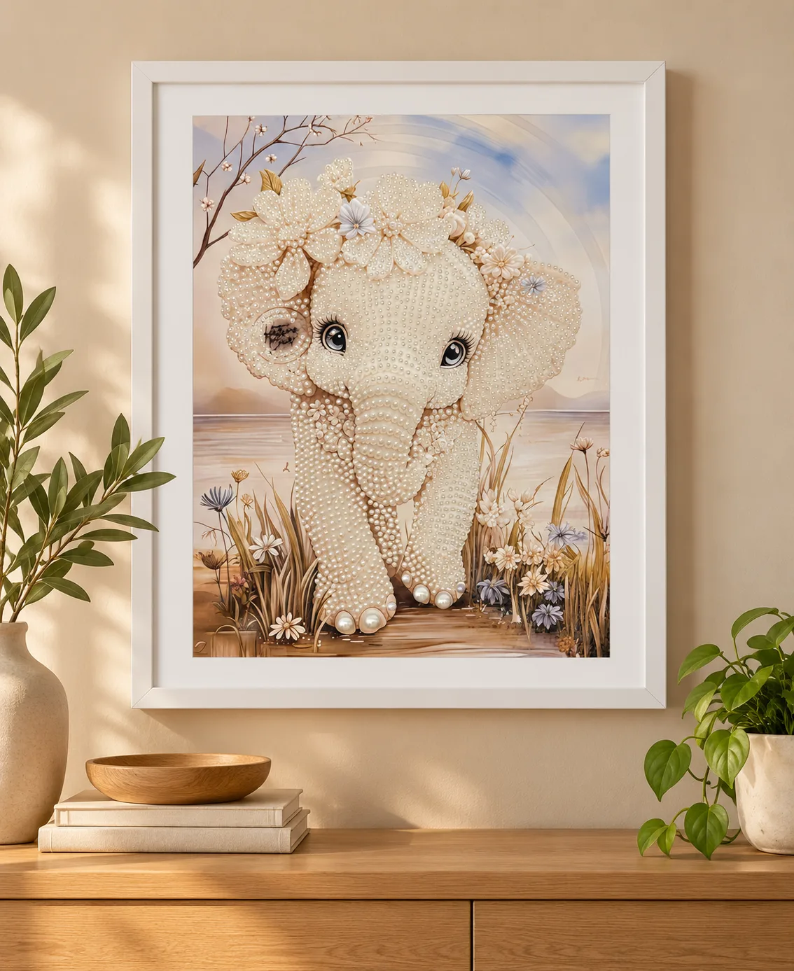 Framed Pearl Blossom Elephant artwork displayed in a floral setting