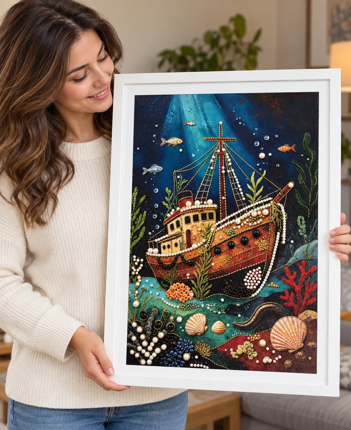 Hand holding the Silent Voyage shipwreck pearl and diamond artwork