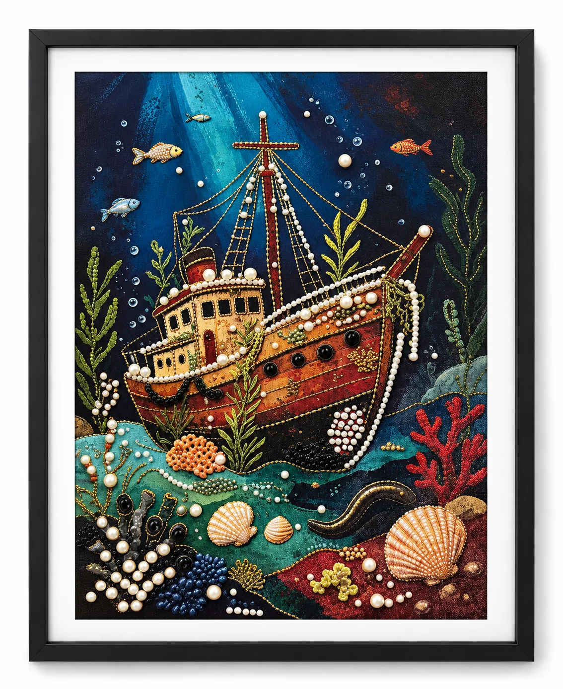 Underwater shipwreck artwork with colourful coral, fish and shimmering embellishments