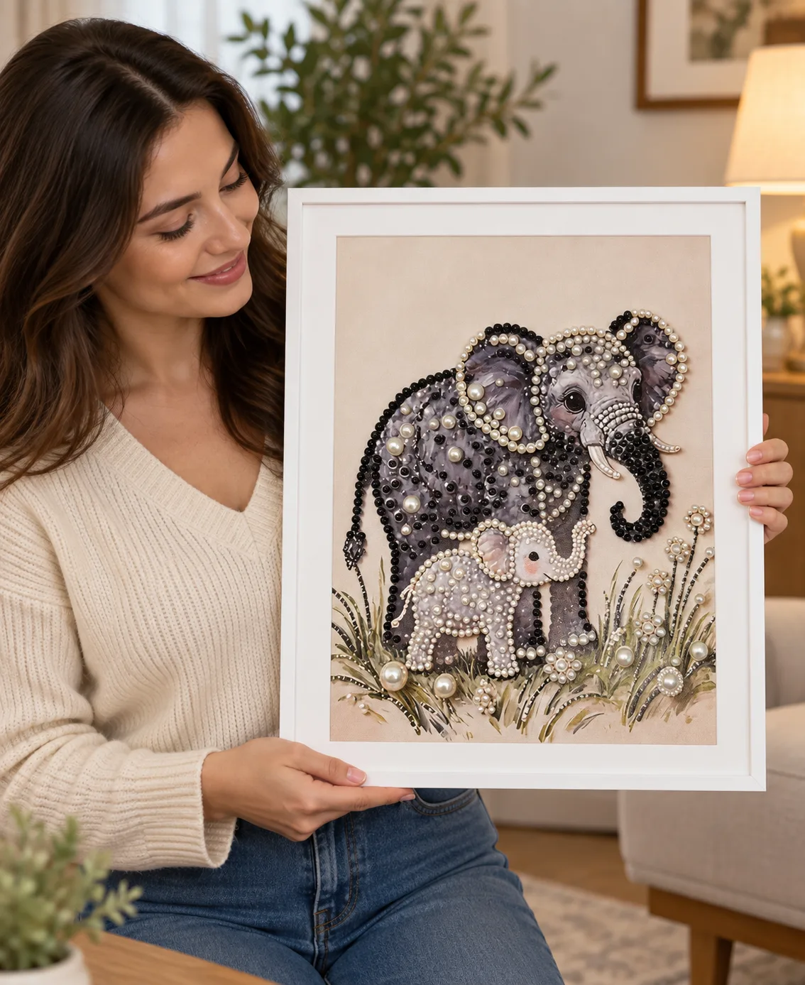 Woman holding framed elephant and baby handmade pearl art