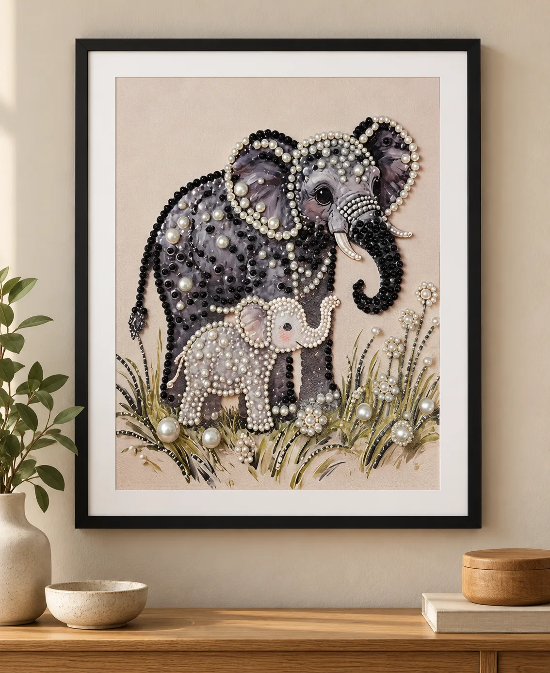 Framed handmade pearl artwork of an adult elephant with its baby