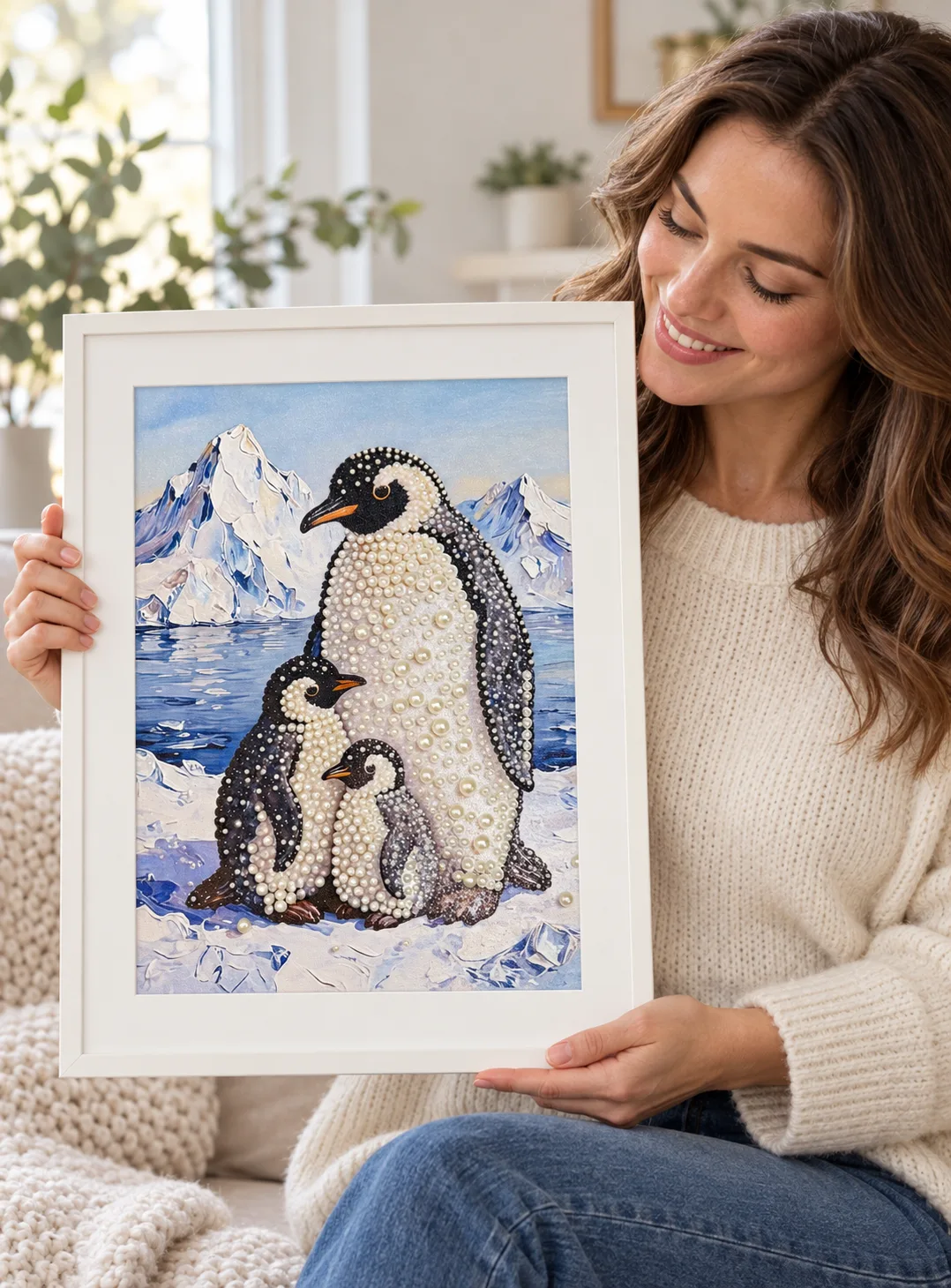Woman holding the framed Together in the Snow penguin family artwork
