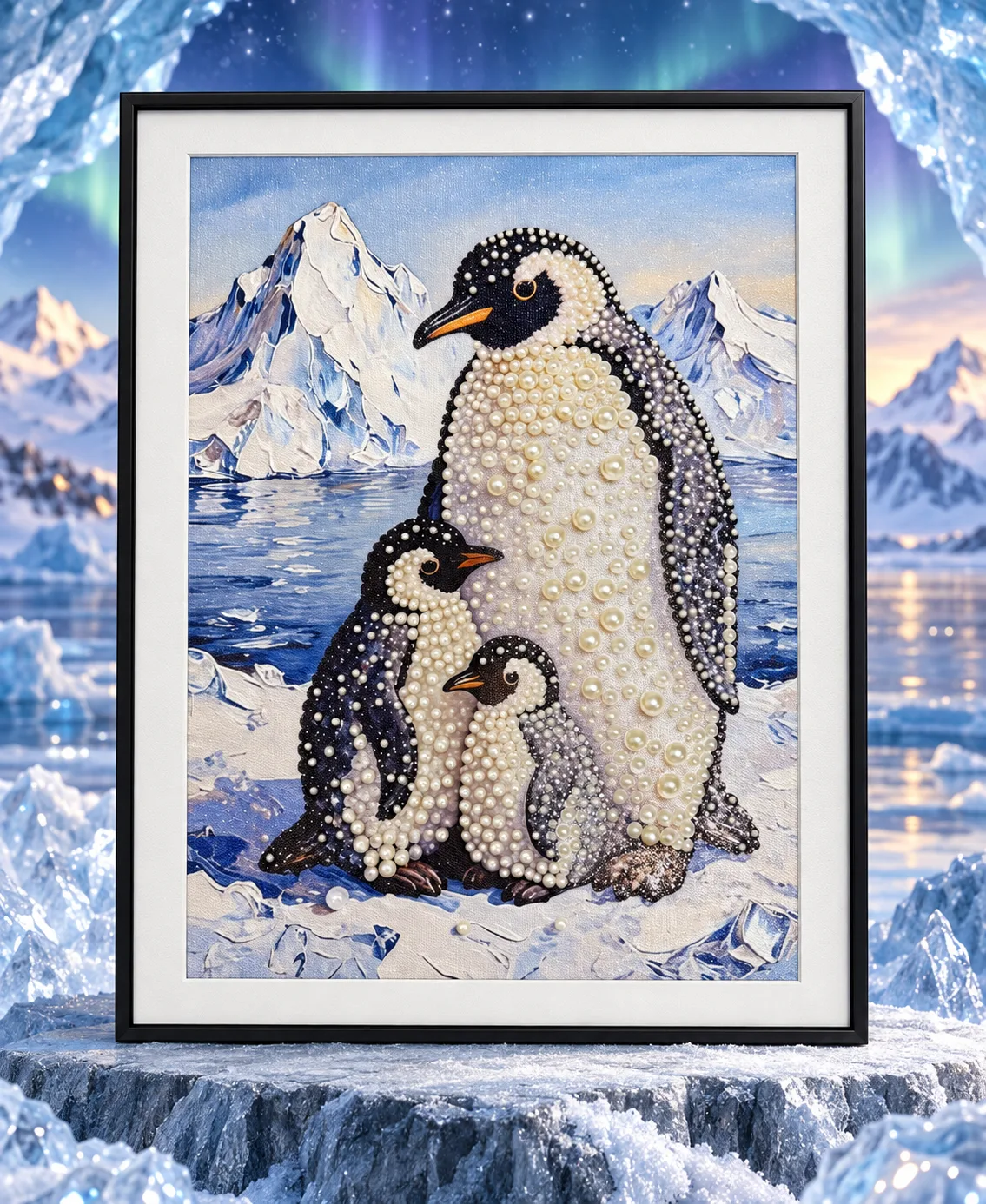 Close-up of the handmade penguin family pearl artwork with sparkling raised embellishments