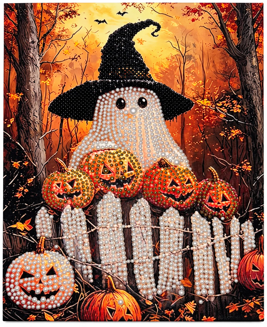 Pumpkin Patch Boo – Handmade Halloween Ghost Pearl & Diamond Art